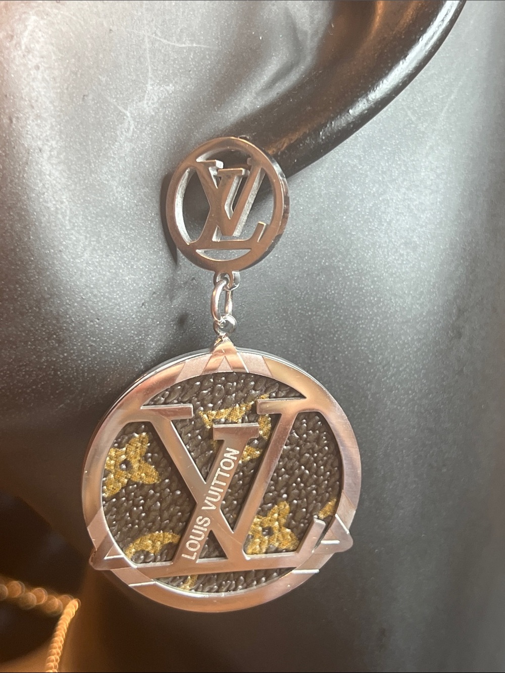 Silver & Brown Stainless Steal Monogram Drop Earrings